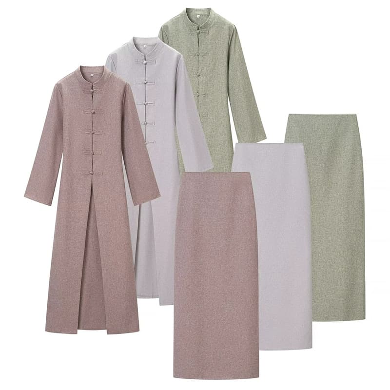 UNIZERA Women's 2026 Summer New Product New Chinese Style Plate Button Slit Long Sleeve Long Jacket + Skirt Suit