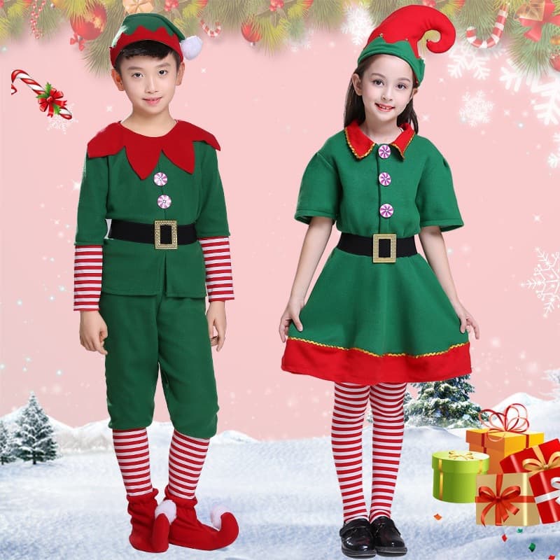 Children's Christmas elf costumes for boys and girls, green elf costumes, parent-child costumes, kindergarten holiday costumes