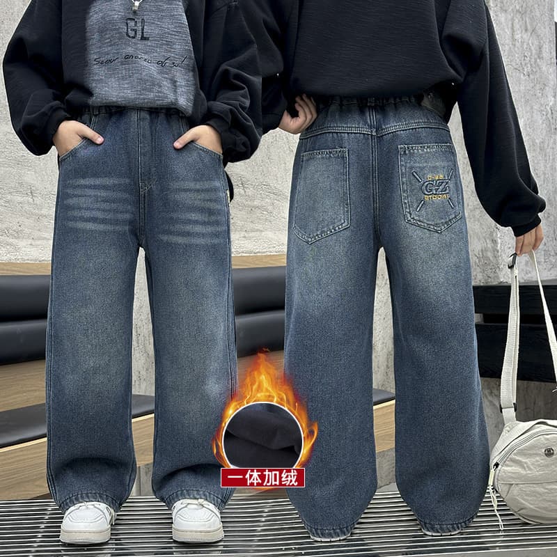 2026 New Boys' Jeans Autumn/Winter Fleece-Lined Thickened Loose Straight-Leg Pants Handsome Boy Spring/Fall Style Jeans