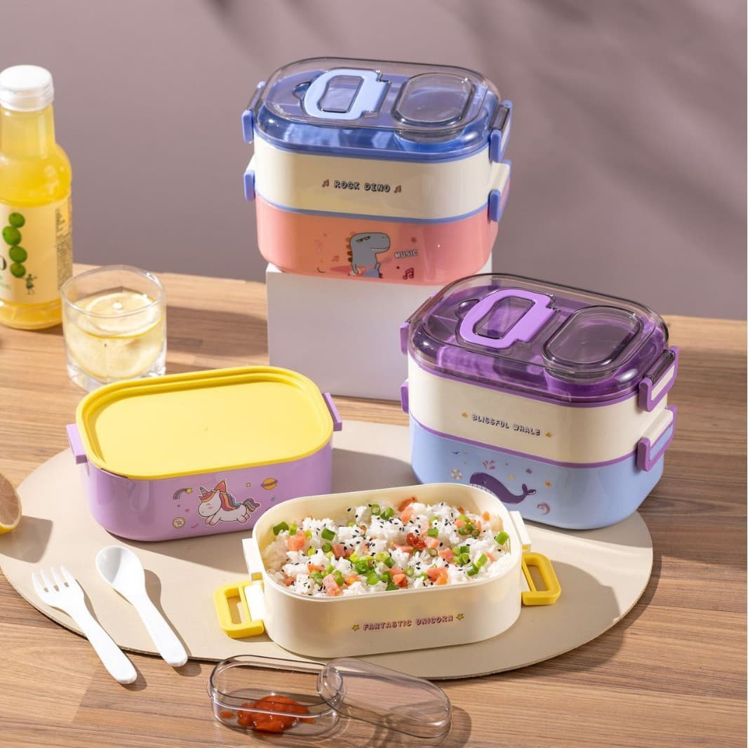 Cute cartoon lunch box double-layer insulated lunch box rectangular lunch box food-grade student tableware with multiple compartments