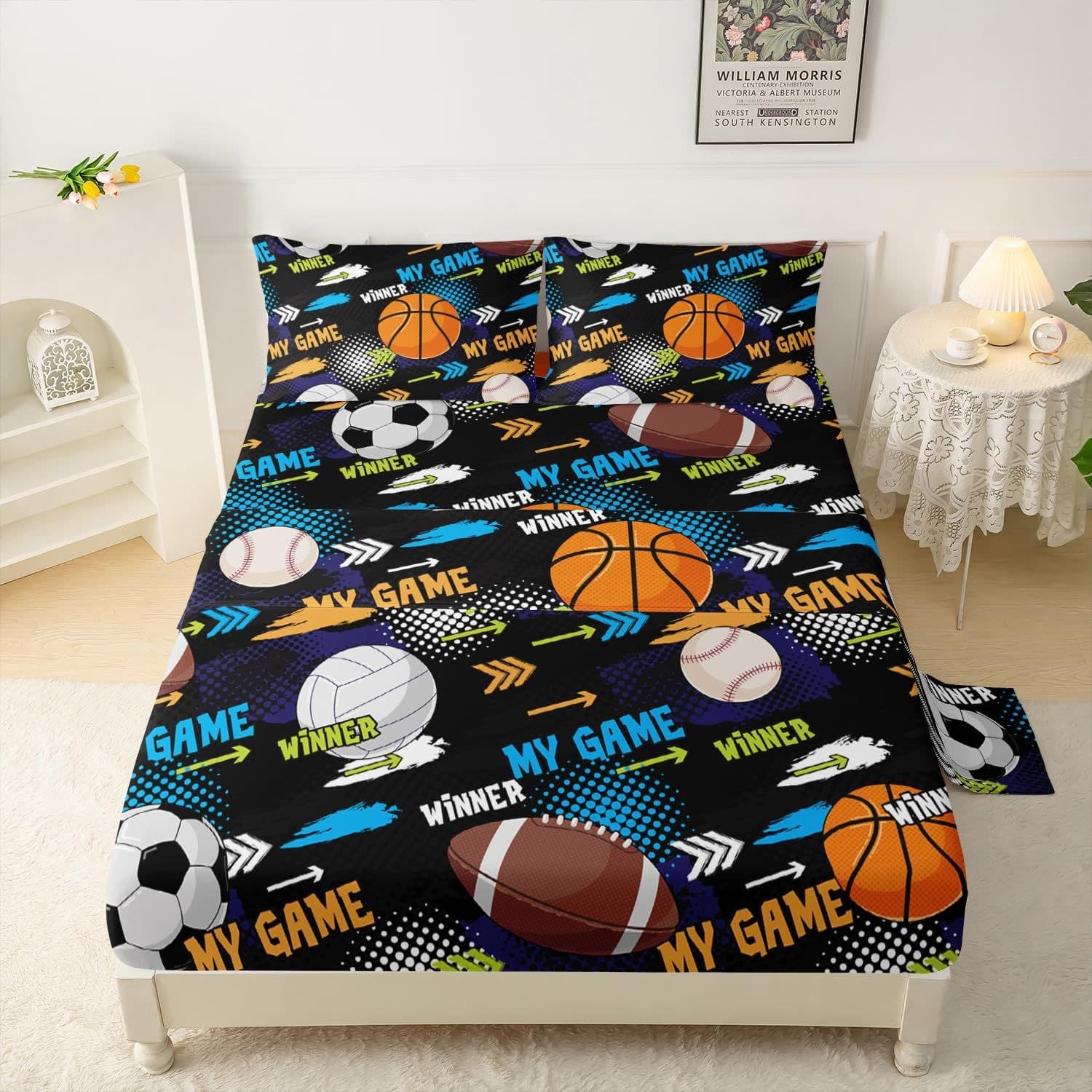 Baseball Football Basketball Volleyball Rugby Cartoon Pattern Bed Sheet Four Piece Bedroom Dormitory Bedding Decoration