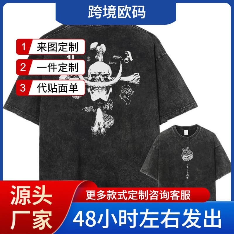 Cross-Border Aliexpress 2025 Anime One Piece Luffy Washed T-Shirt Men's Printed Cotton T-Shirt Short Sleeve T-Shirt European and American Style