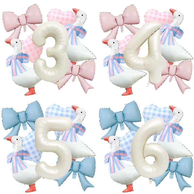 ins wind big white goose bow aluminum film balloon pink and blue grid love first birthday atmosphere balloon set