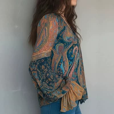 2026 Cross-Border Amazon Bohemian Cyan and Amber Paisley Chiffon Blouse with Ruffled Sleeves