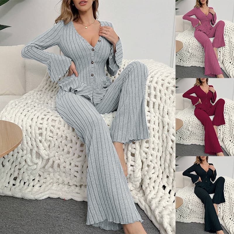 Hot-selling cross-border pajama set for women, exported to Europe and America, fleece-feel V-neck long-sleeve top and long pants, suitable for lounging and outdoor wear