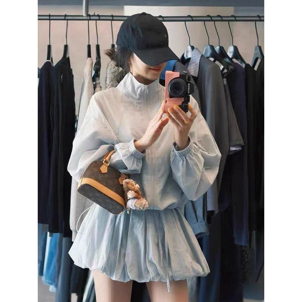 Women's Summer and Autumn New Casual Sports Sun Protection Suit, Stand-Up Collar, Lightweight, Loose Zipper Jacket, Short Skirt, Two-Piece Trendy Set