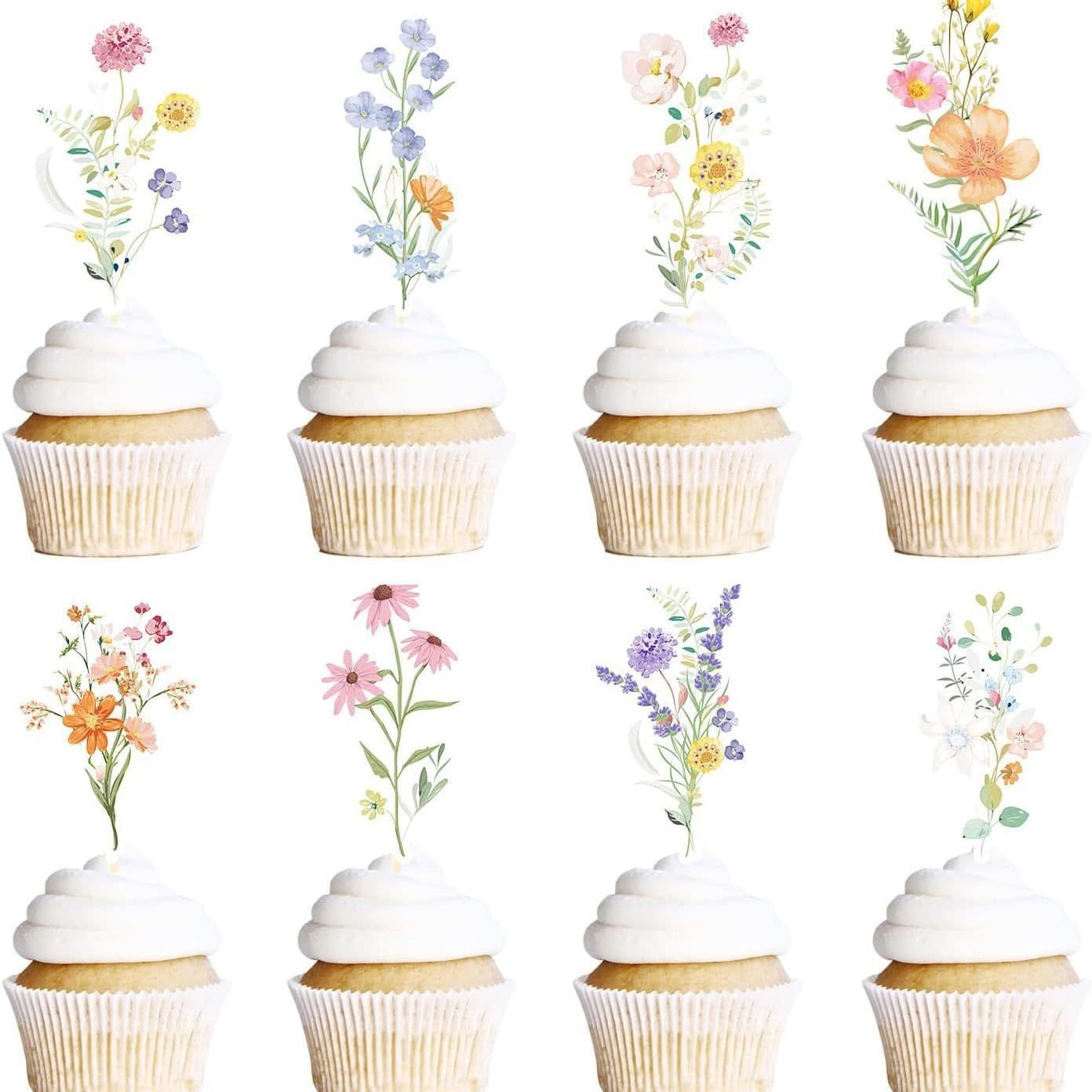 Wildflower Mini Pick Set for Girl Birthday Cake Decoration, Fresh Flower Toothpick Flags, Birthday Picks, Party Supplies