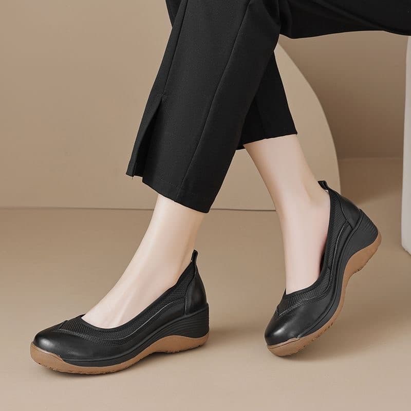 2025 Spring/Autumn New Soft Sole Walking Shoes Casual Low-Cut Single Shoes for Women Wedge Heel Thick Sole Flat Sole Rocking Shoes