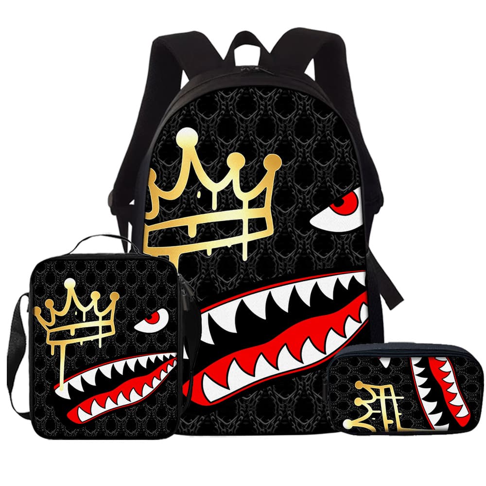 Cross-Border Bestseller Crown Big Mouth Backpack 3-Piece Set, Large Capacity Graffiti Print Lunch Bag Backpack for Primary School Students