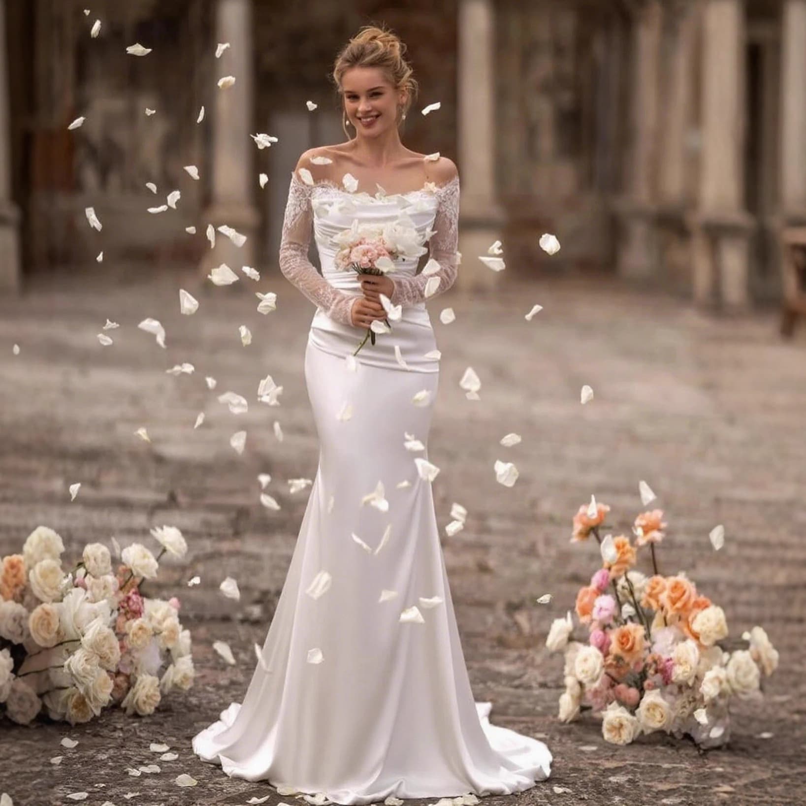 AliExpress cross-border bride one-shoulder lightweight wedding dress 2026 new, wedding welcome lace departure dress, long sleeve arm-covering