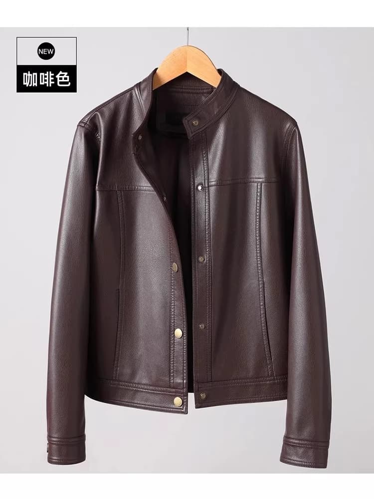 Vintage Style Long Sleeve High-End Small Round Neck Leather Jacket for Women, Spring/Autumn Short Trendy Motorcycle Jacket