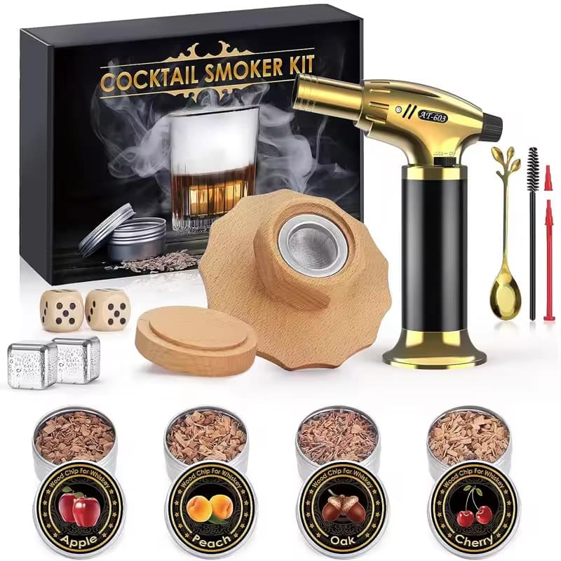 Whiskey Cocktail Smoker Kit with Torch, Includes 4 Flavors of Wood Chips, Ideal Gift for Men