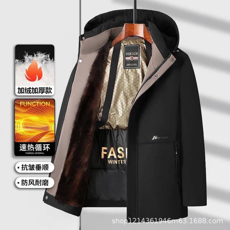 Winter Men's Puffer Coat for Middle-aged and Elderly Fathers, New Cotton-padded Jacket with Fleece Lining, Thickened Mid-length Cotton Coat Windproof Outerwear