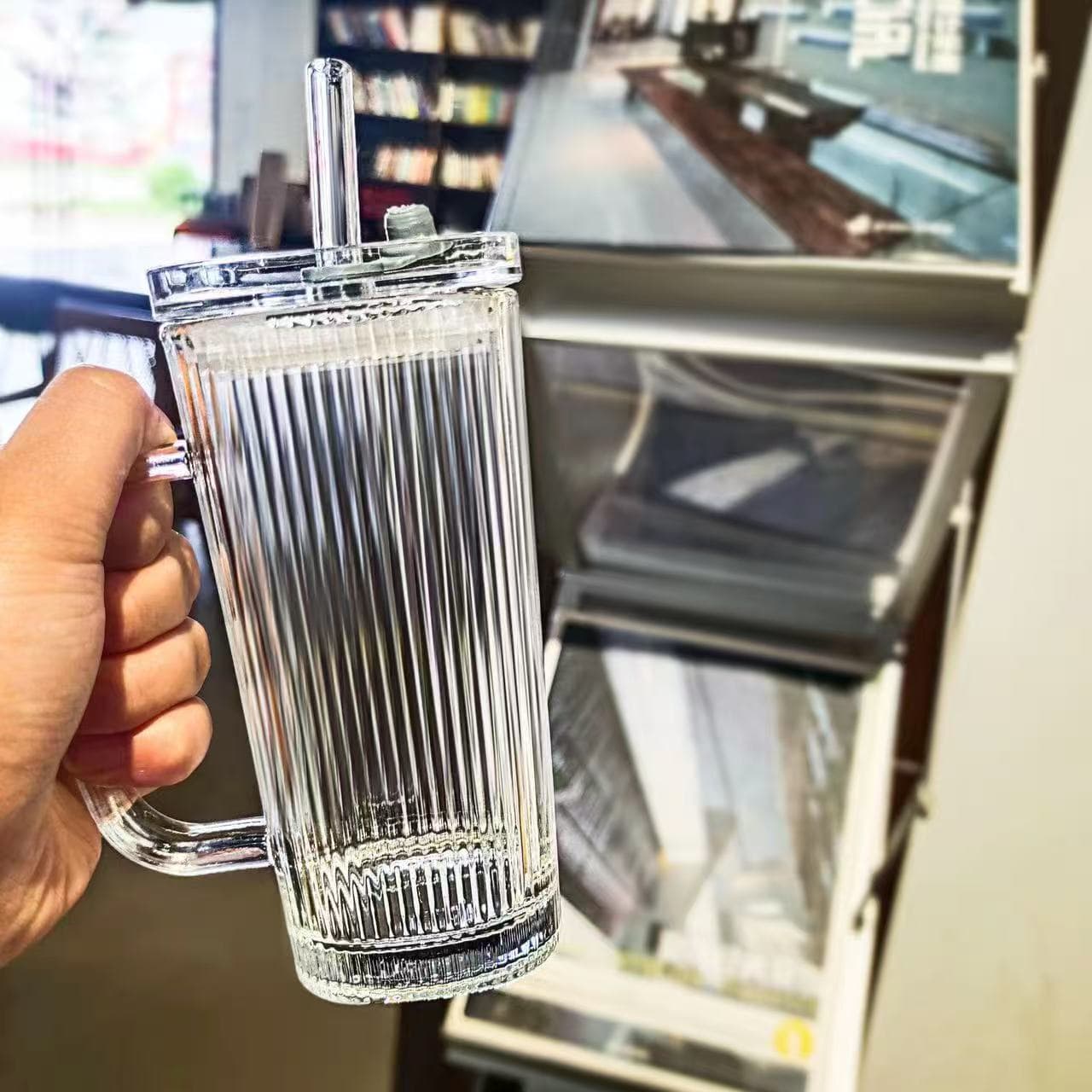 Ins Style Simple Striped Straw High Aesthetic Coffee Cup Milk Water Cup Beverage Home Glass Cup with Lid