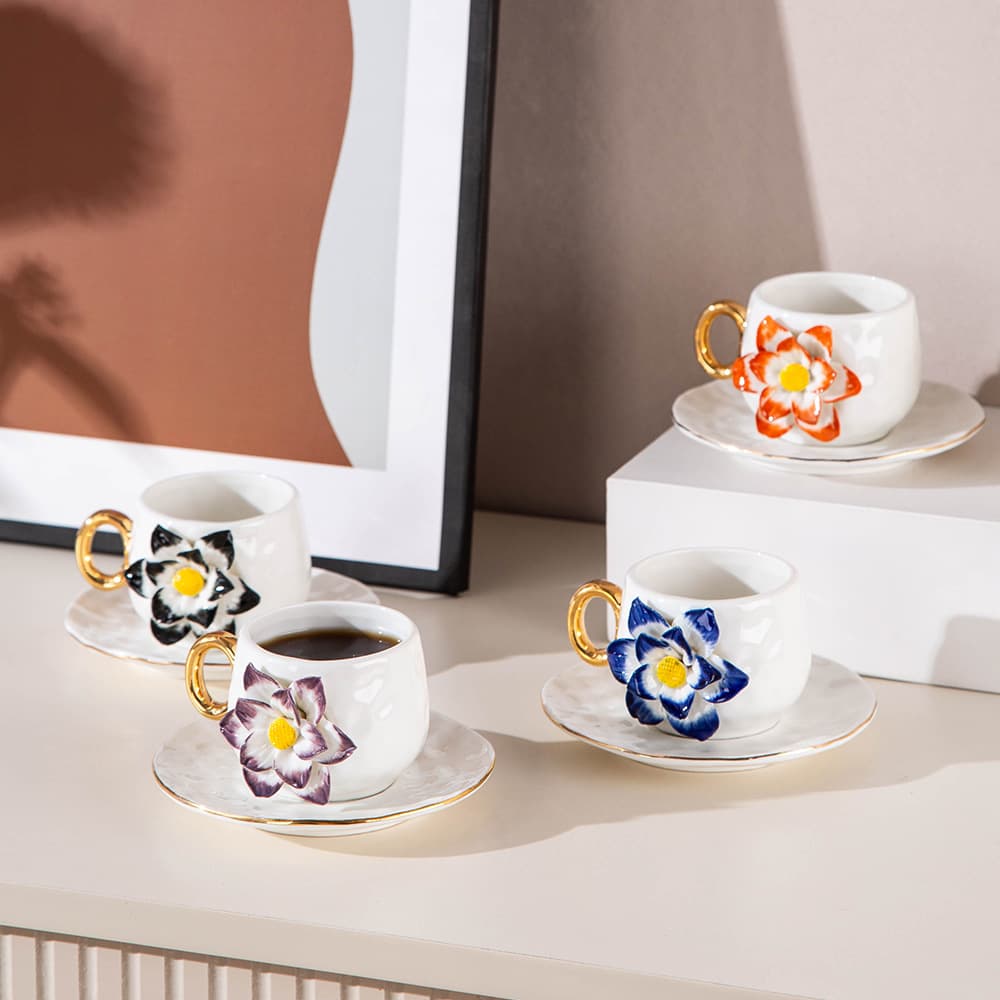 Creative 3D Hand-Pinched Flower Ceramic Coffee Cup Saucer Home Ceramic Espresso Cup Afternoon Tea Red Tea Cup Set