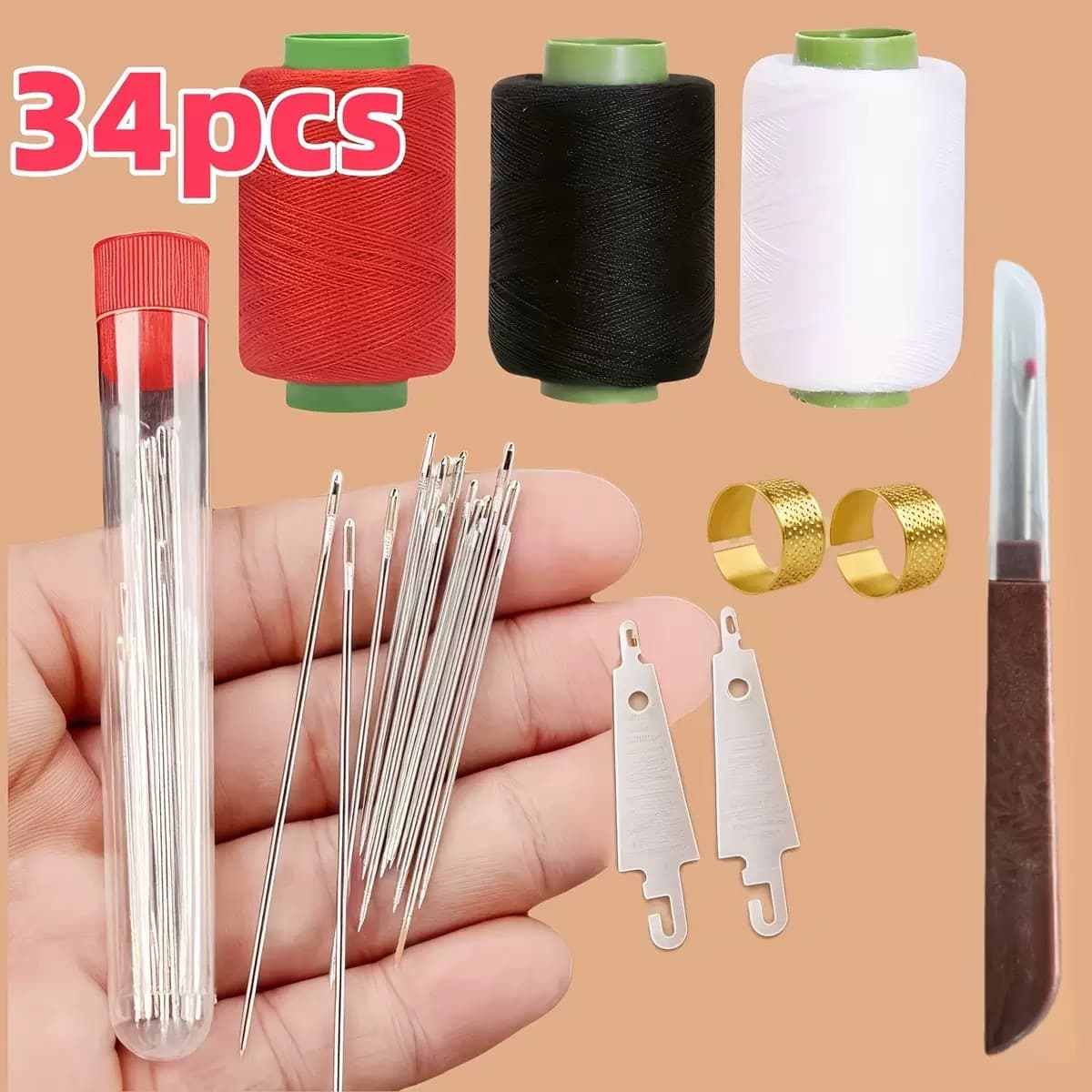 In Stock Sewing Kit Household 34-Piece Set Large Eye Steel Needles Fine Long Hand Quilting Sewing Needles