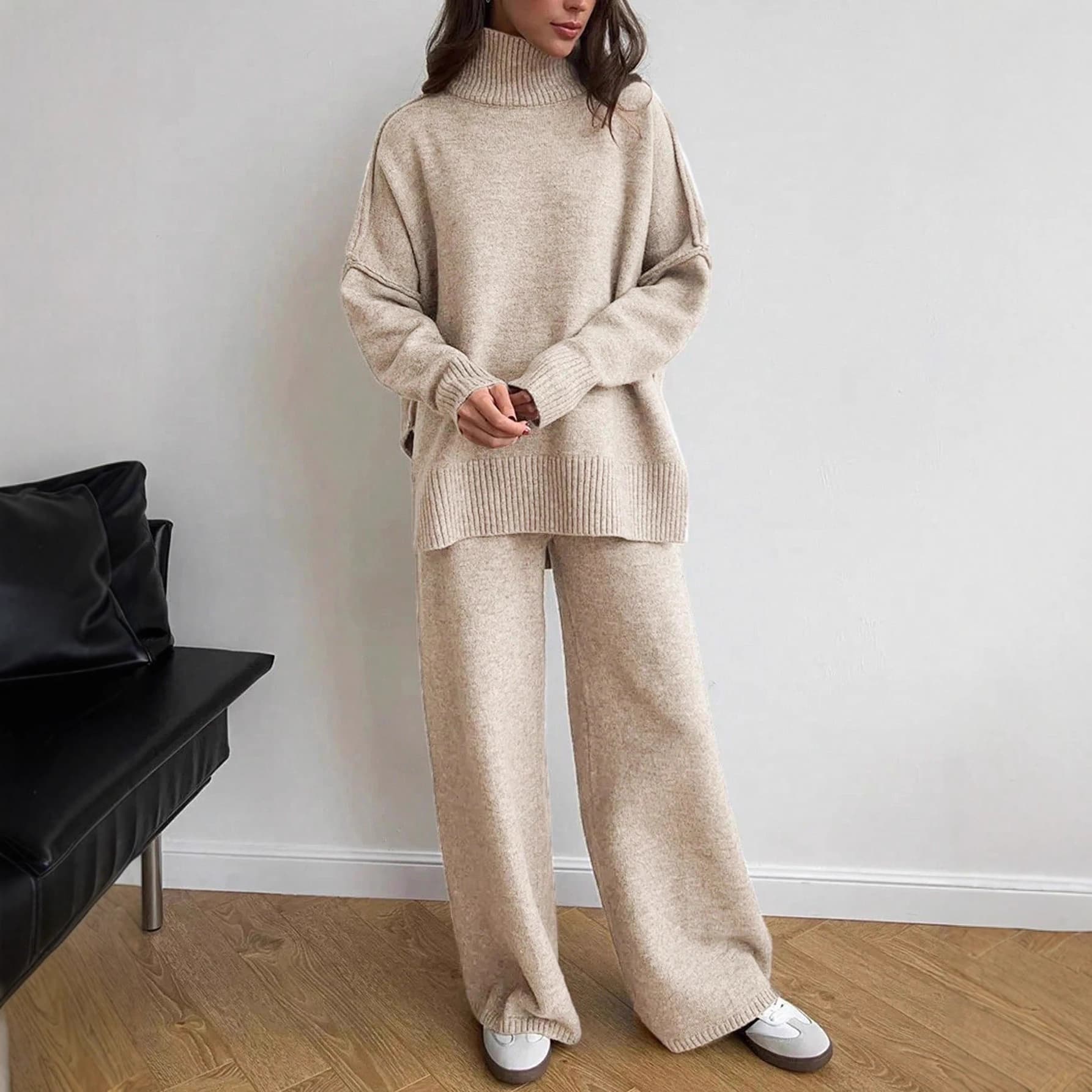 2026 cross-border women's clothing Amazon turtleneck sweater autumn and winter new loose casual lazy knitted trousers suit