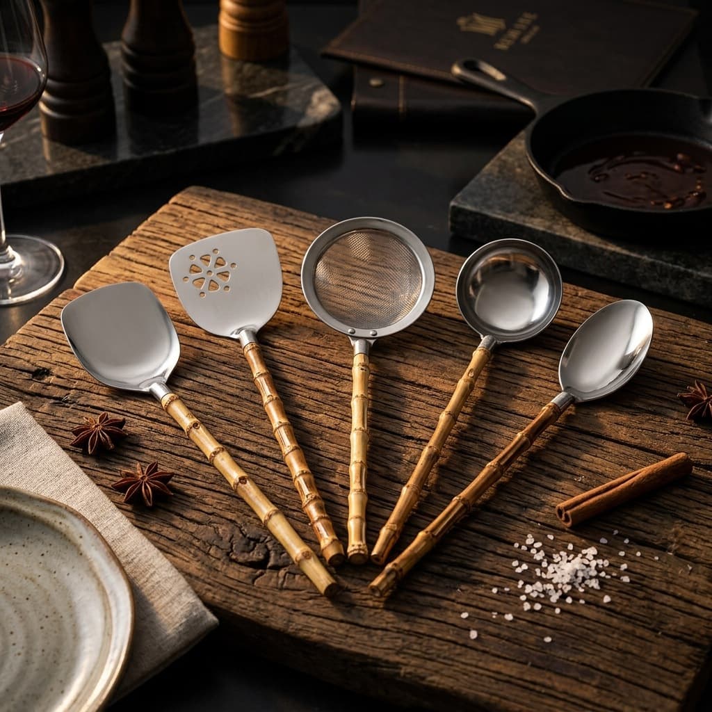 Bamboo Joint Handle 304 Stainless Steel Kitchen Utensils Set - Spatula, Slotted Turner, Slotted Spoon, Soup Ladle