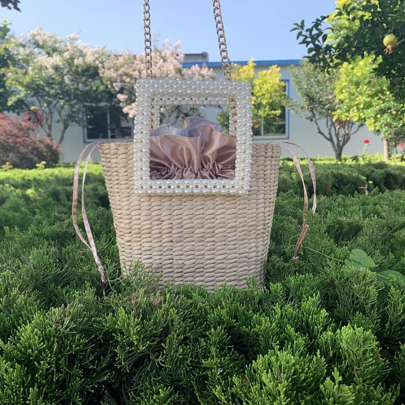 Summer Pearl Handle Straw Women's Bag Shoulder Crossbody Chain Bag Handbag