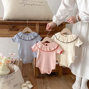 Baby Bodysuit Pure Cotton Lace Peter Pan Collar Short Sleeve Summer Newborn Girls Clothing Hollow Ribbed Triangle Romper