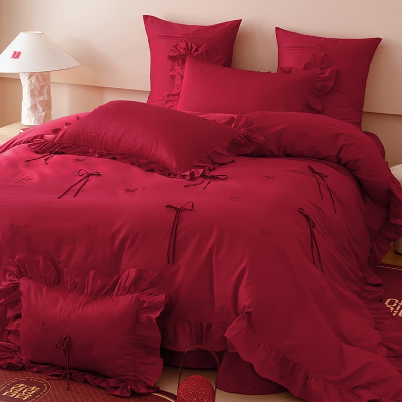Double Happiness Embroidery Sateen Long-Staple Cotton 100% Cotton Wedding Four-Piece Set Velvet Ribbon Red Wedding Bedding
