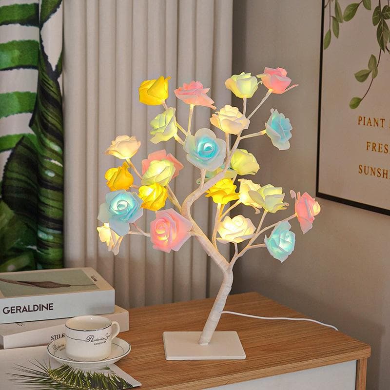 Cross-border 24-LED Simulated Rose Flower Tree Light, USB Switch, Detachable Plastic Base, Decorative Night Light, Wholesale