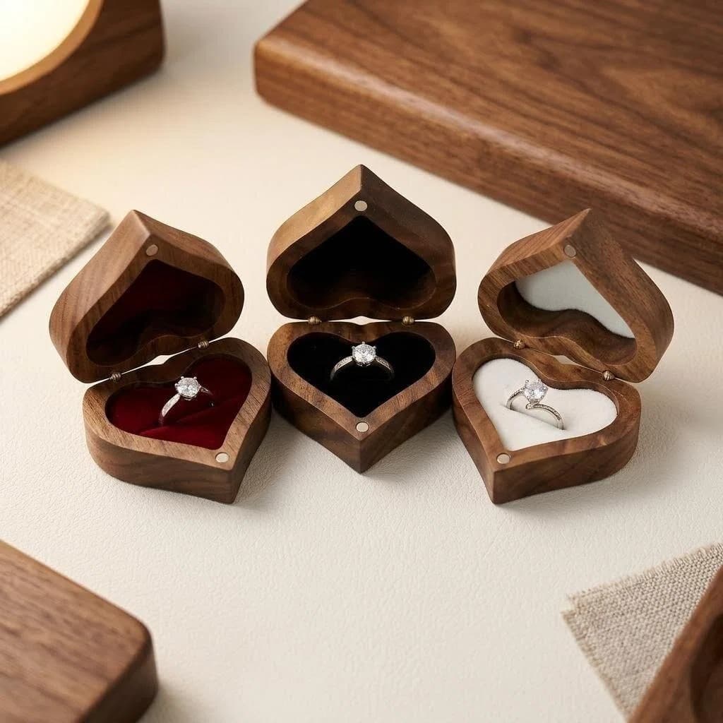 Vintage Solid Wood Heart-Shaped Ring Box Black Walnut Proposal Diamond Ring Box European American Style Wedding Couple Ring Box In Stock
