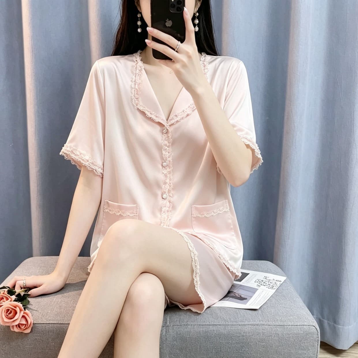 High Quality New Solid Color French Lace Princess Style Loose Short Sleeve Ice Silk Pajama Set for Women Summer