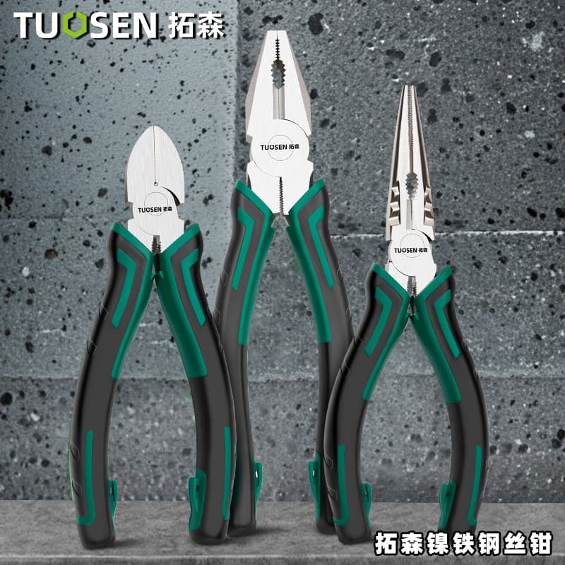 Tuosen 8-inch wire cutters, multi-purpose pliers, diagonal pliers, hand pliers, flat-nose pliers, needle-nose pliers, 6-inch diagonal pliers, and vise pliers.