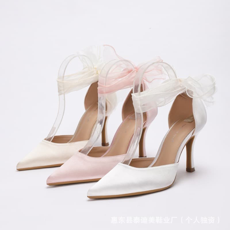 On feet& in love Pointed Toe Satin Lace-Up High Heels for Women Fashion Thin Heel French Style Bridesmaid Wedding Shoes