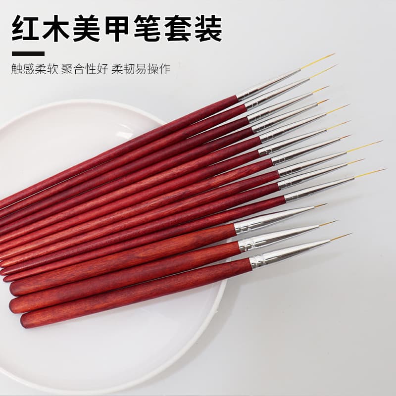 Cross-border wholesale red wood handle nail art liner brushes, medium, large, small sizes, for painting, drawing, and nail art supply