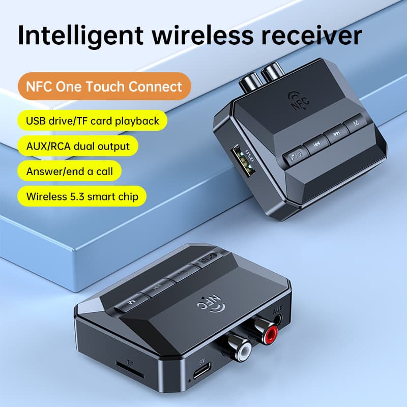 T59 NFC Bluetooth Receiver 5.3 supports USB flash drives, TF cards, RCA wireless audio adapters, and car Bluetooth.