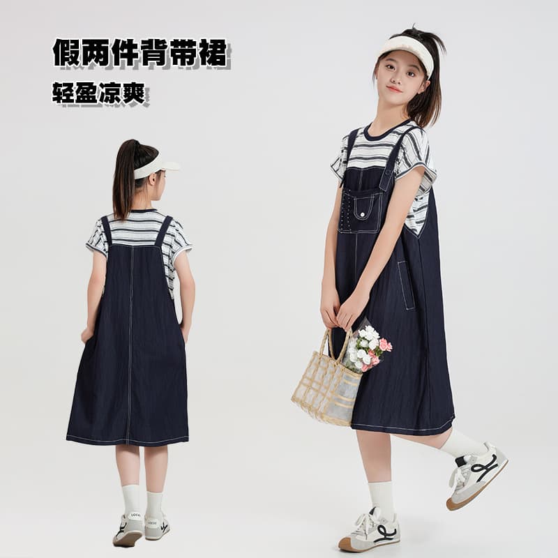 B9 Girls' Big Girl Dress Summer 2025 New Style Teenager Junior High School Student Two-Layer Lightweight Slimming Dress