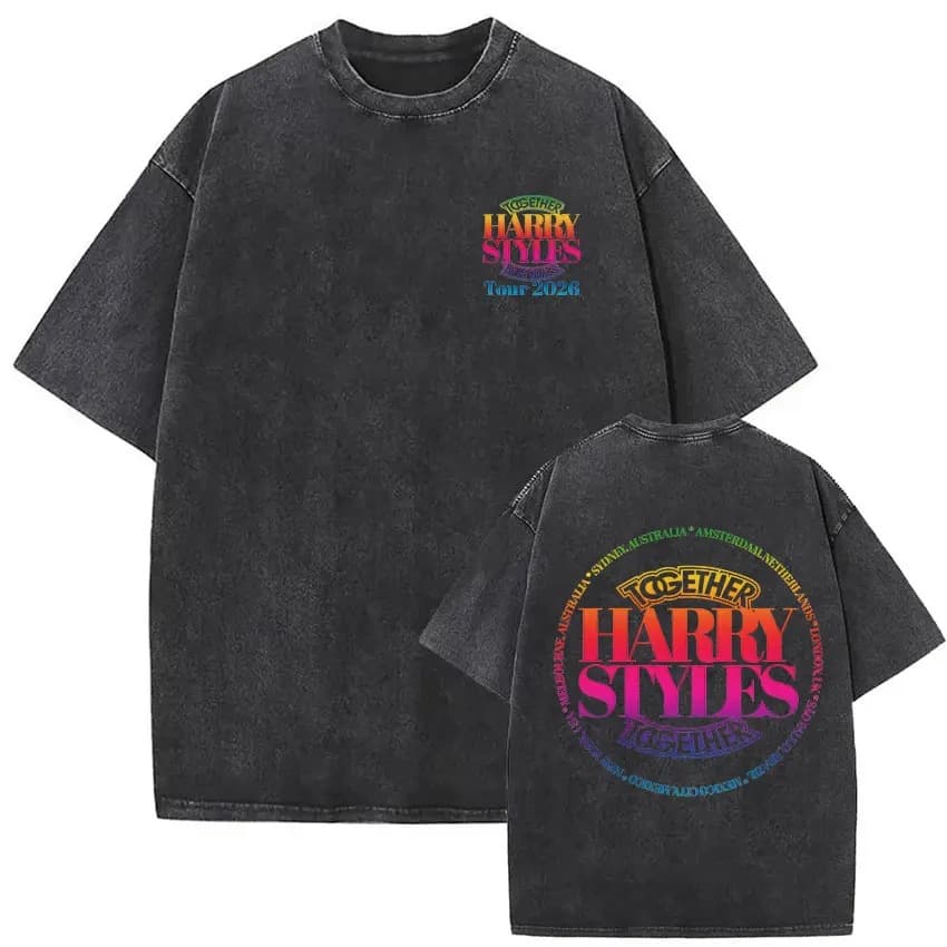 Vintage Washed Harry Styles Together Tour 2026 Merch T-Shirt Men's Fashion O-Neck