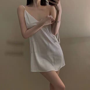 Solid Color Backless Spicy Lingerie Sleepwear Summer Ice Silk Camisole Nightgown Pure Desire Style Sexy Pajamas Cross-border