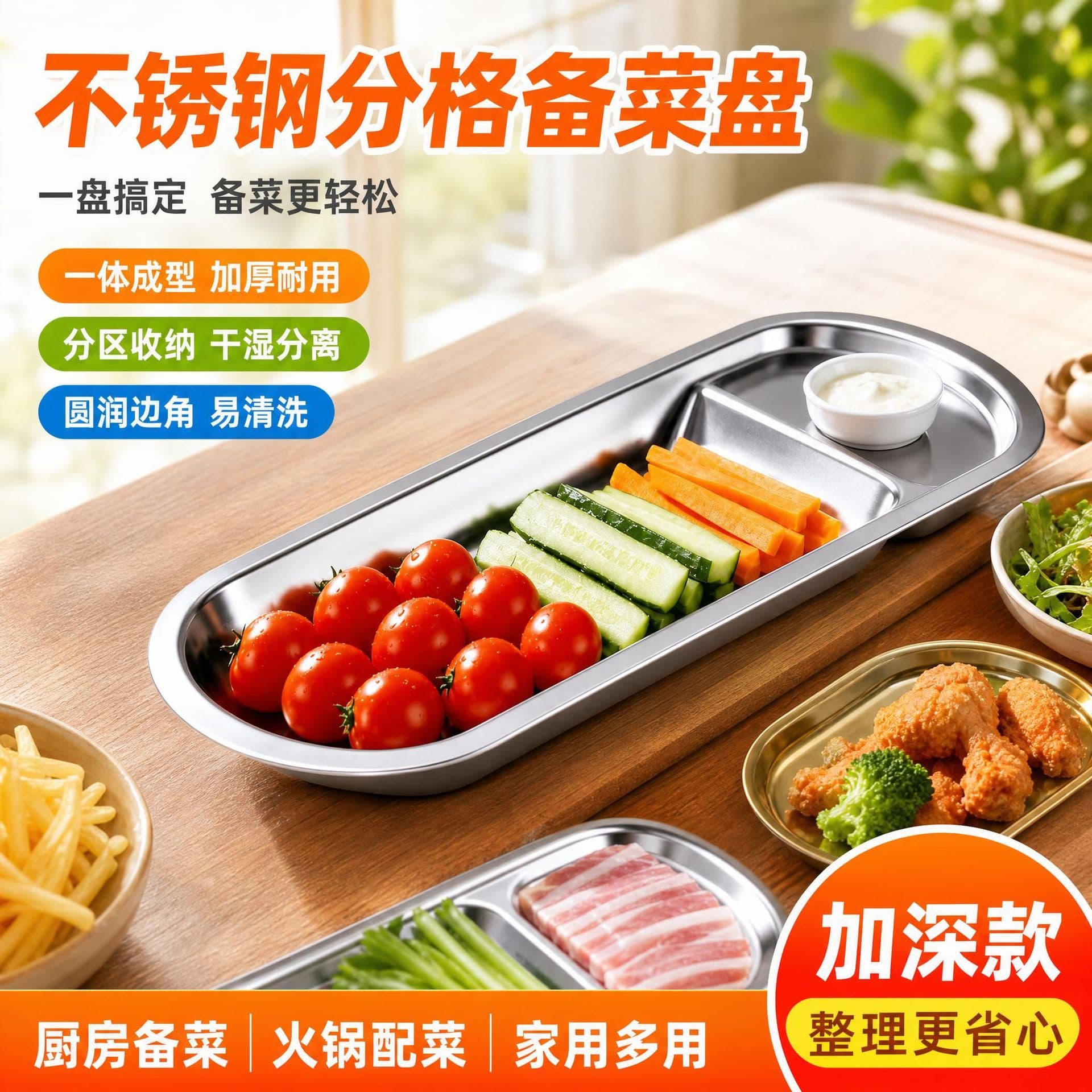 Factory Direct Stainless Steel Divided Prep Tray, Household Kitchen Multifunctional Serving Platter, Hot Pot Side Dish Organizer Tray, Deepened
