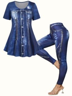 European and American Fashion Women's Spring and Summer New Denim Print T-Shirt and Capri Leggings Plus Size Two-Piece Set