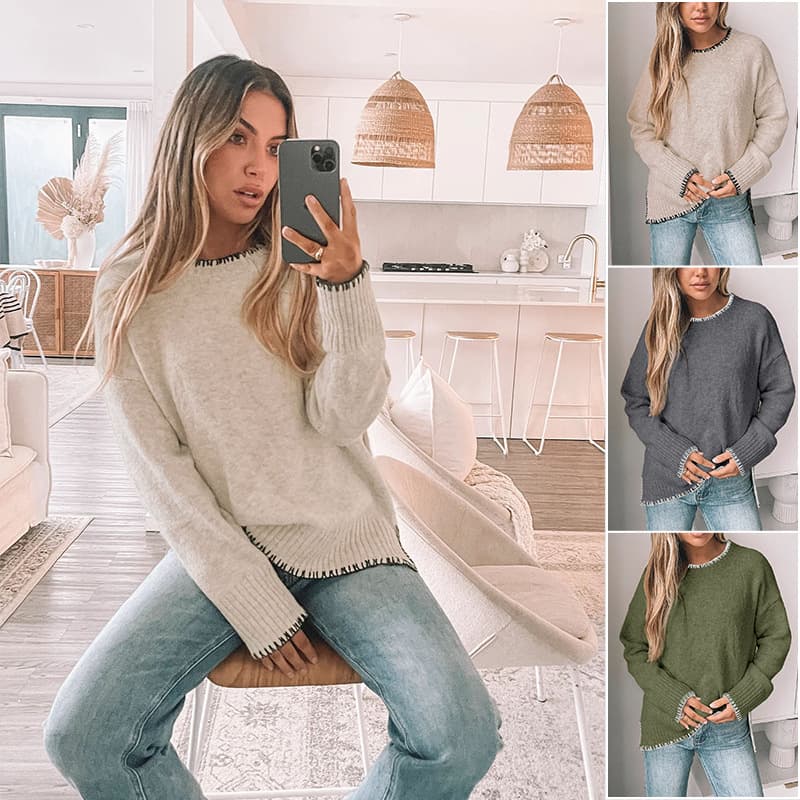 Amazon EU/US Cross-Border New Fall/Winter Round Neck Casual Long Sleeve Sweater Solid Color Versatile Slit Pullover Sweater