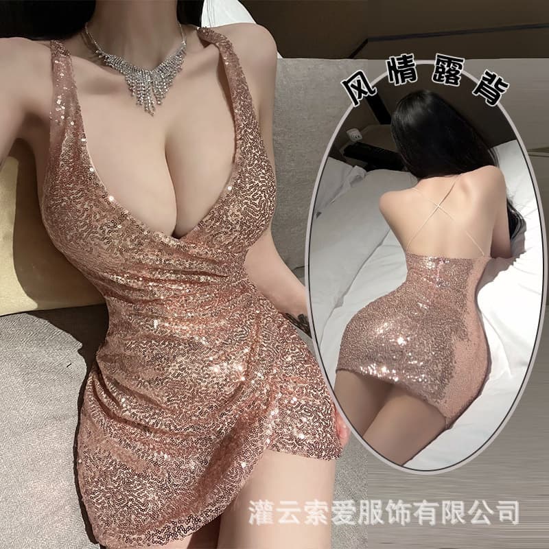 Lingerie Sexy Sequins Deep V Neck Strappy Cross Cutout Irregular Backless Dress Hot Girl 9891