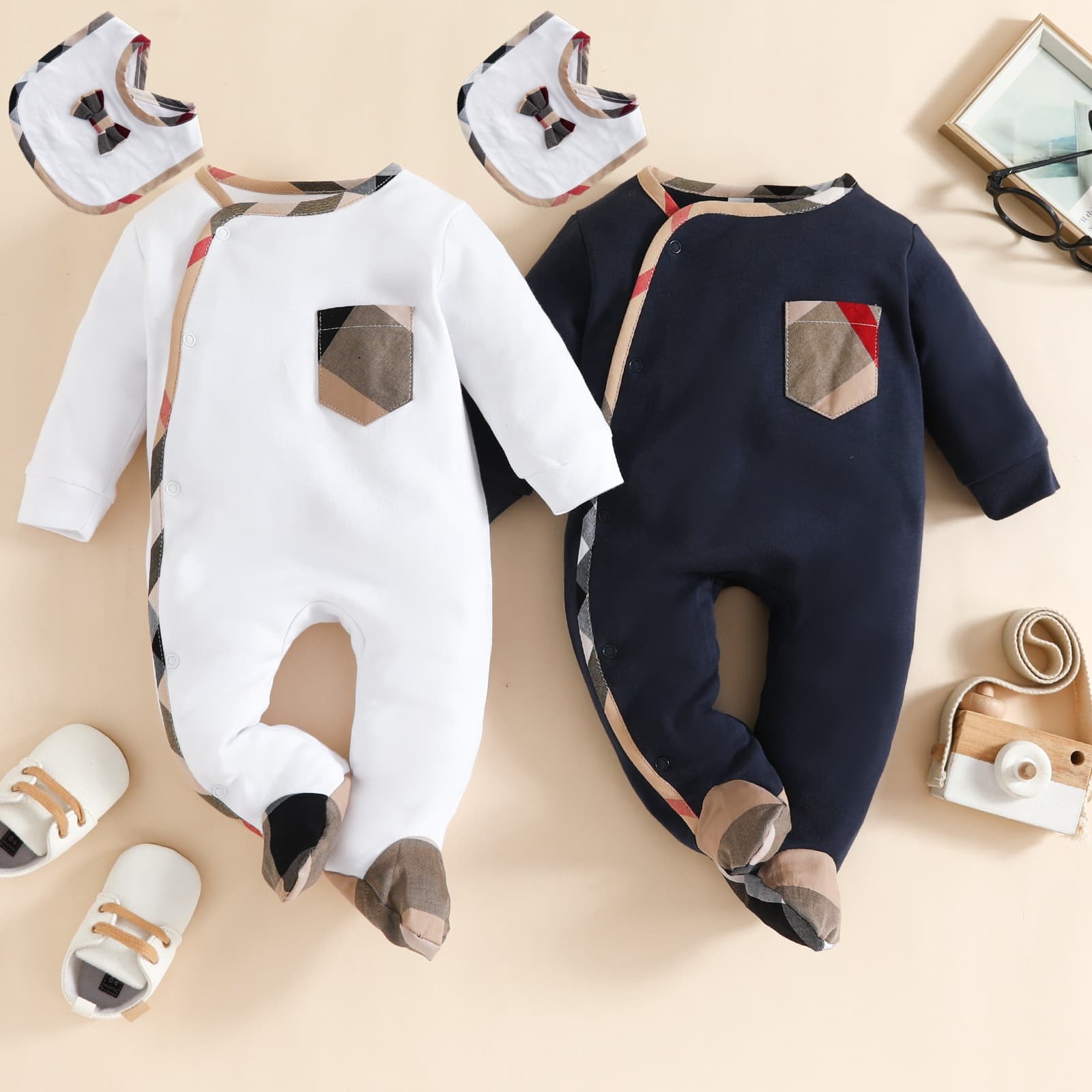 Newborn Baby Round Neck Bodysuit for Boys and Girls, Spring and Fall Long-Sleeve Cotton Romper