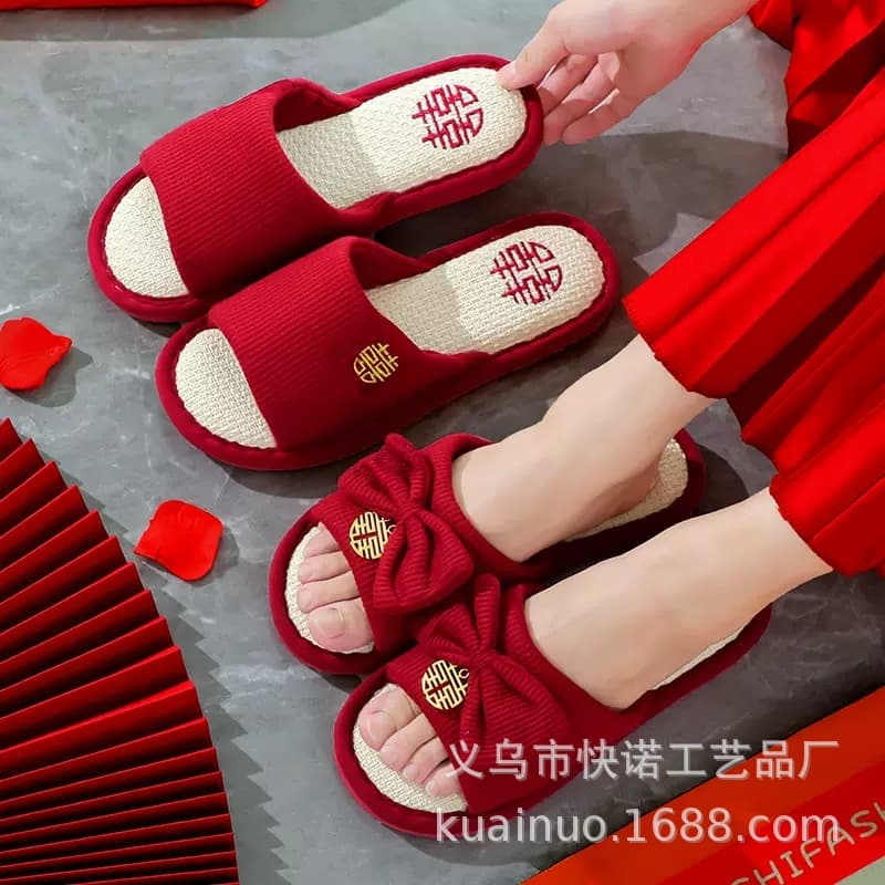 Wedding Cotton Slippers Red Couple Bridal Slippers Autumn Winter Indoor Premium