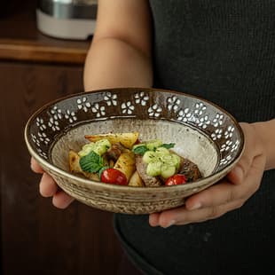Wabi-Sabi Style Plum Blossom Ceramic Salad Bowl Home Fruit Yogurt Bowl Rustic Tableware Vegetable Bowl Wholesale Instant Noodle Bowl Soup Bowl