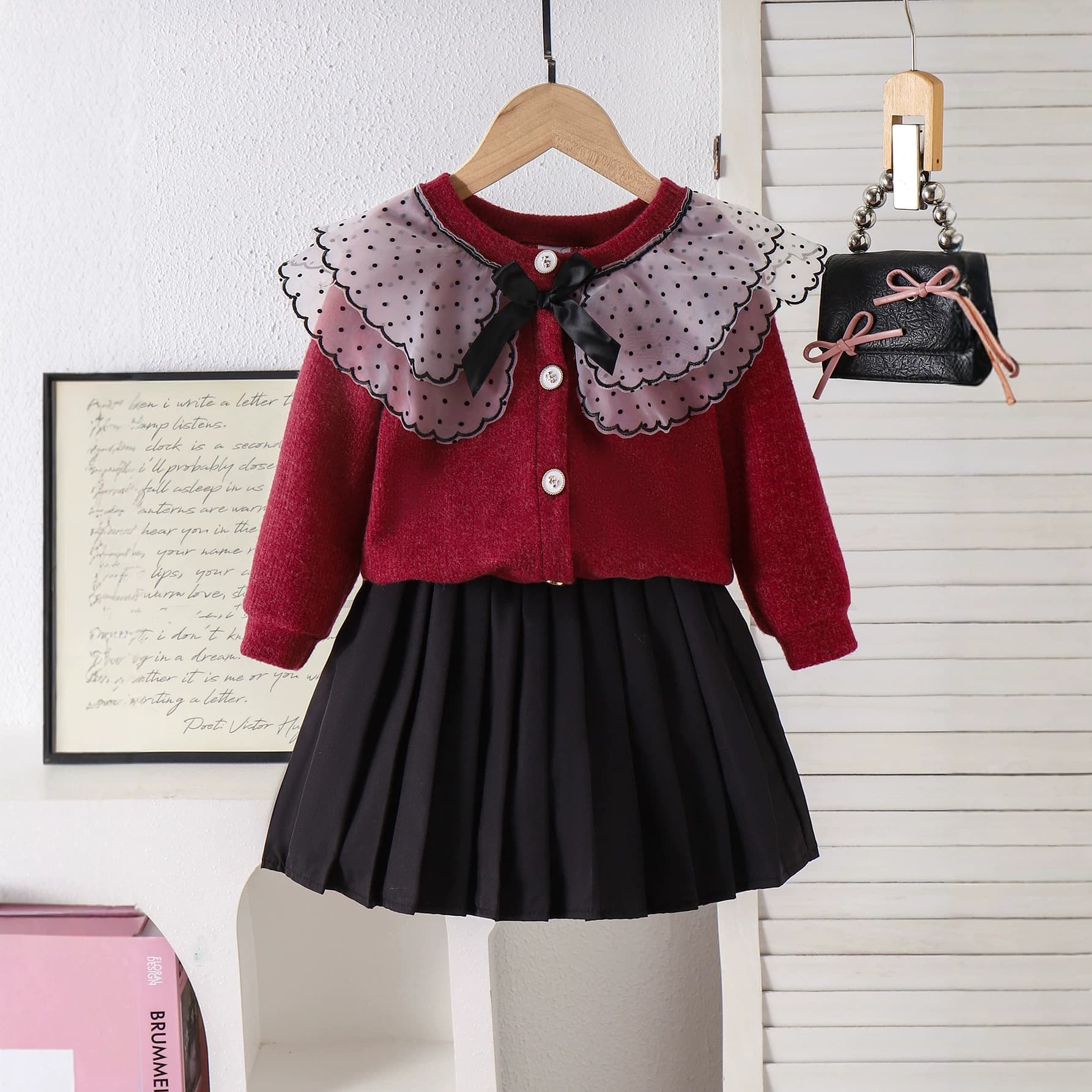 Kids' Vintage Sweet Ruffle Peter Pan Collar Bow Plush Long-Sleeve Coat Black Pleated Skirt