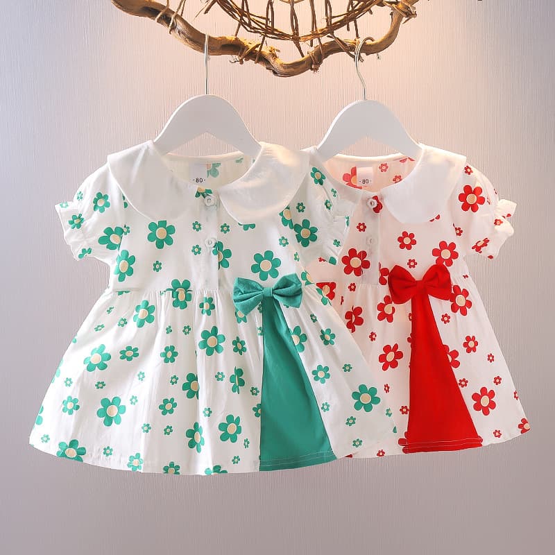Korean Children's Summer New Flower Short Sleeve Dress Baby Girl Korean Princess Sweet Floral Dress