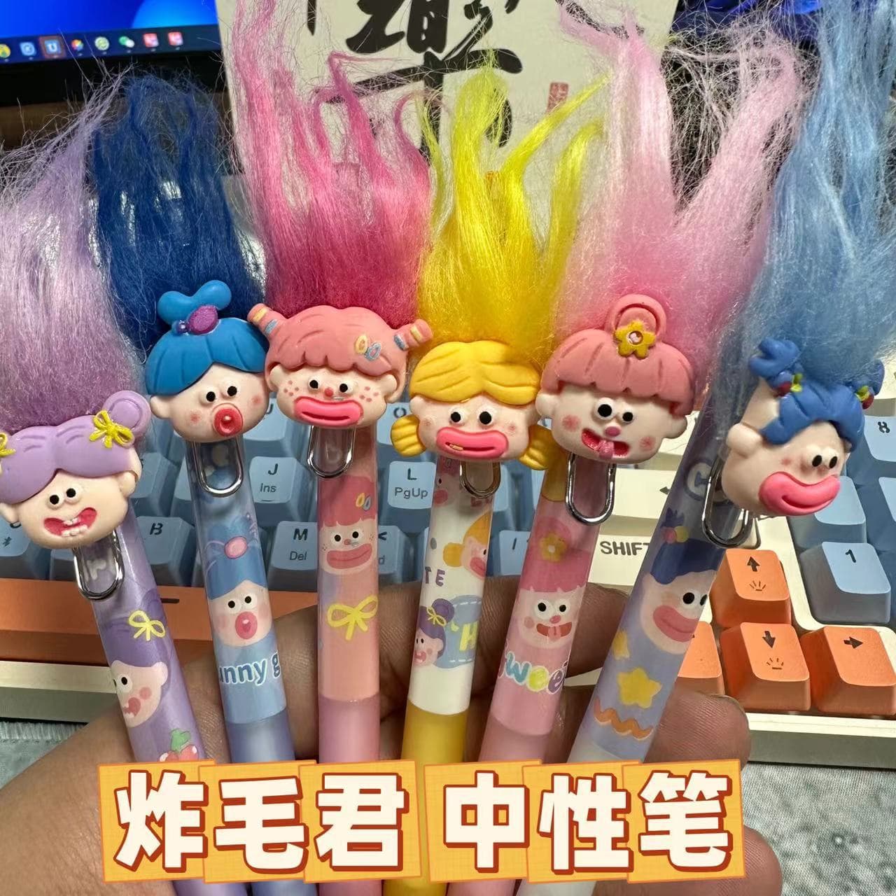 Cartoon fried hair style big mouth doll pen press black water pen cute student quick dry 0.5mm fried brush wholesale
