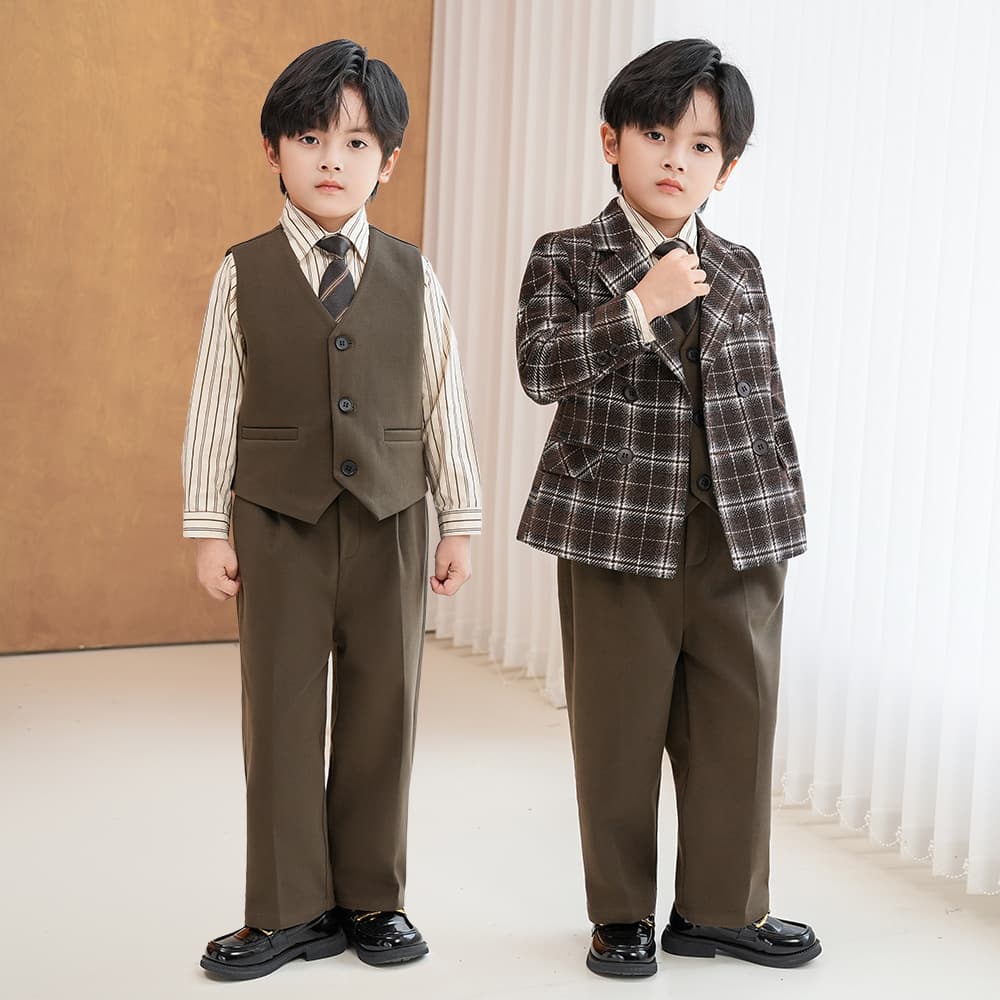 Children's Autumn Plaid Suit Jacket, British Style, Little Suit Jacket for Boys, Piano Hosting Performance Attire, First Birthday Photography Outfit