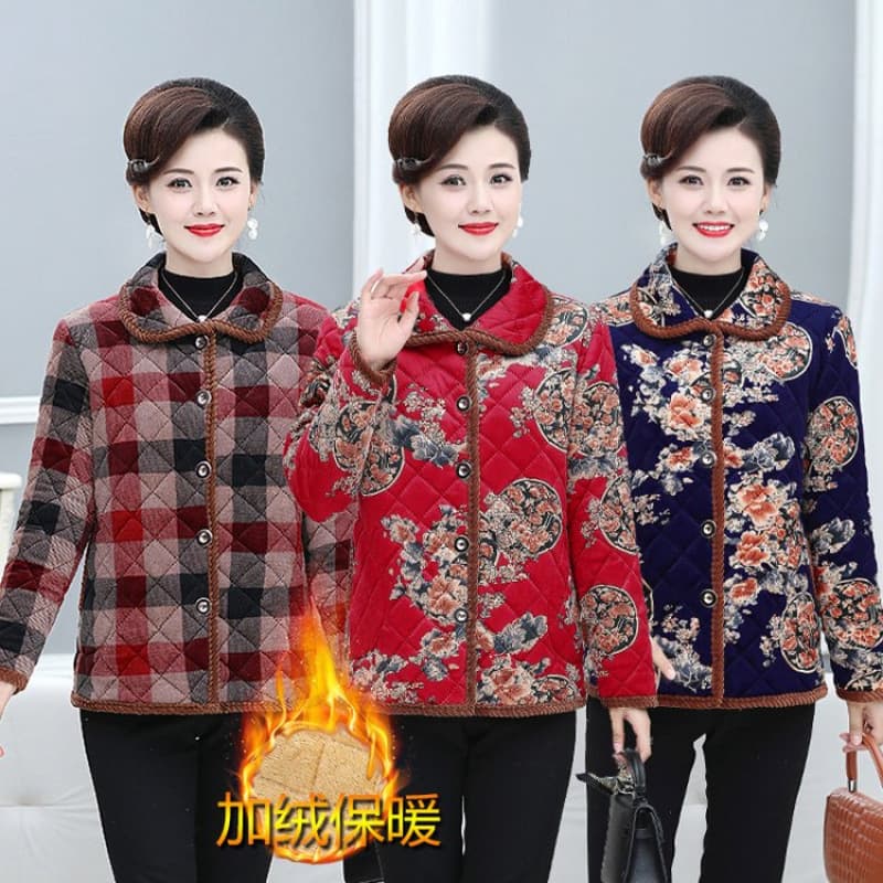 Middle-aged and elderly women's autumn and winter clothing, velvet cotton-padded jackets, mother's clothing, printed warm shirts, jackets, fashionable short cotton-padded jackets