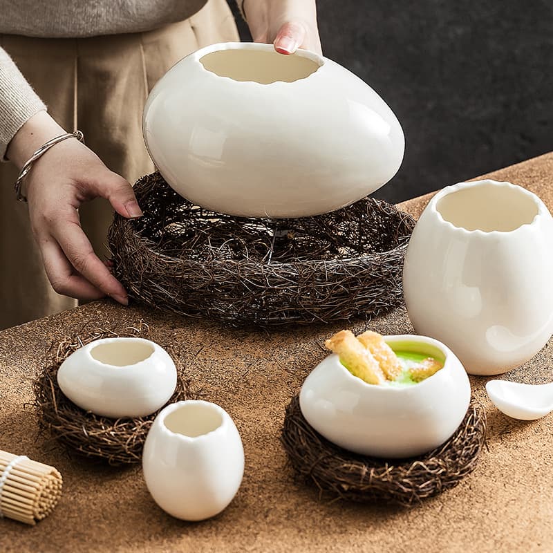 Bird's Nest Eggshell Ceramic Dessert Bowl Restaurant Buddha Jumps Over the Wall Soup Tureen Hotel Specialty Salad Bowl Creative Tableware Irregular Bowl