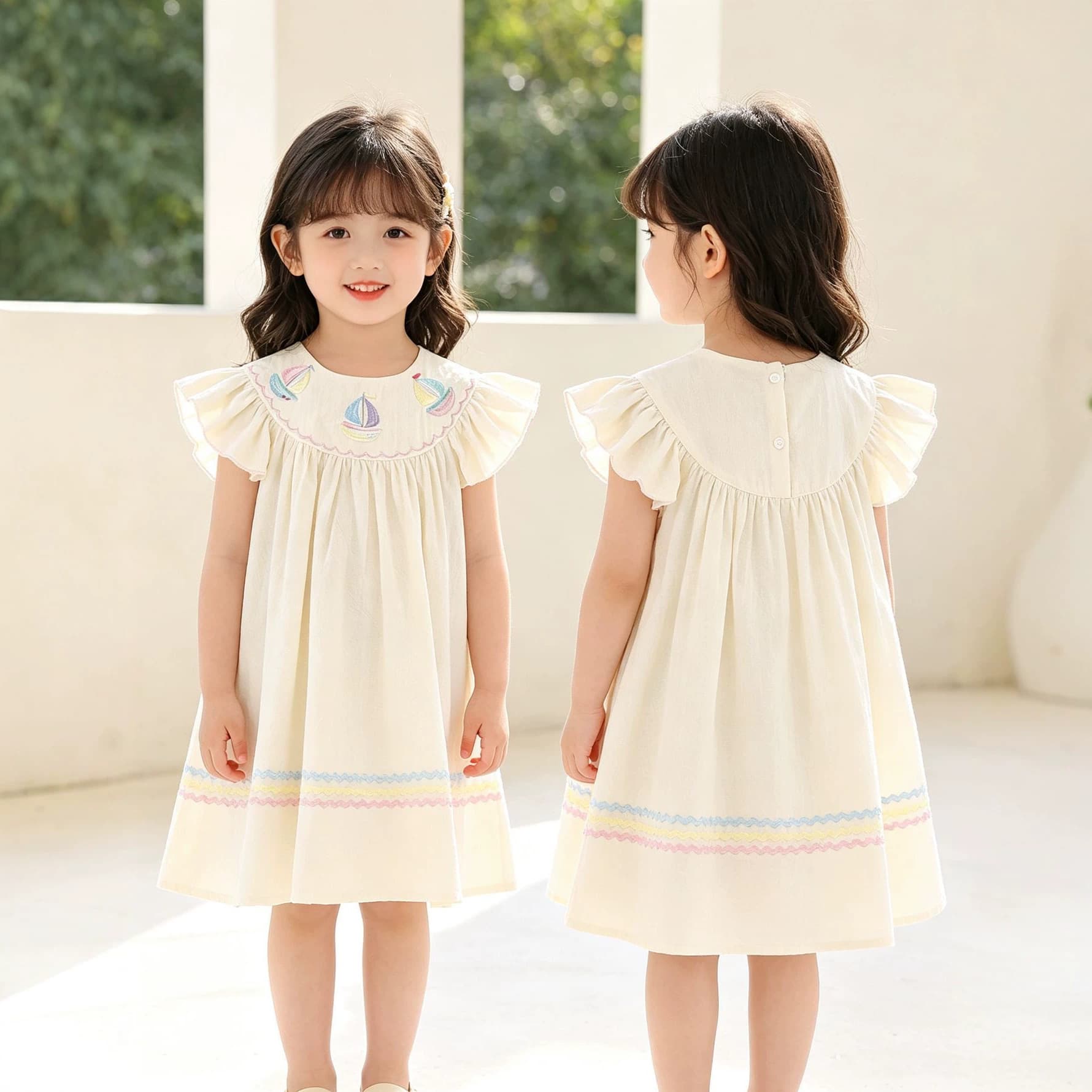 Girls Summer Dress, Flutter Sleeve Dress, Boat Print Embroidered Dress, Baby Girl Princess Dress, Toddler Fashion