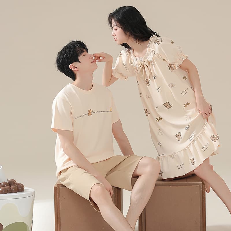 Couple Pajamas Summer 2024 New Women's Summer Short-Sleeve Cute Dress Cartoon Outerwear Men's Homewear